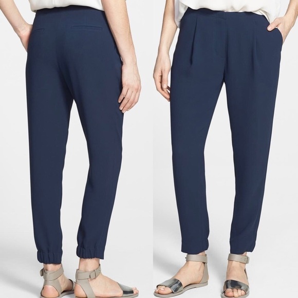 Vince.Navy Blue Silky Pleated Front Tapered Haram Cropped Ankle Dress Pants